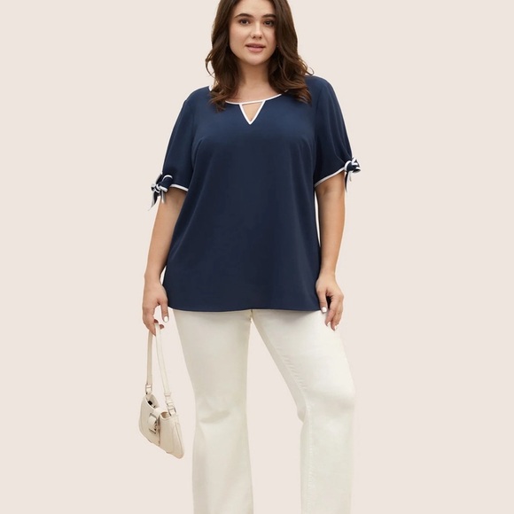 BloomChic Plus Size 3XL Contrast Trim Keyhole Tie Knot Blouse us22-24 - Picture 6 of 7